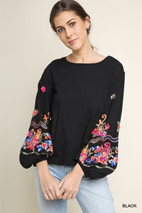 Solid Long Puff Sleeve Top with Embroidered Detail