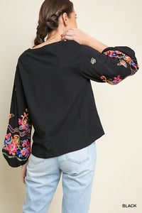 Solid Long Puff Sleeve Top with Embroidered Detail