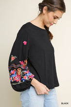 Load image into Gallery viewer, Solid Long Puff Sleeve Top with Embroidered Detail