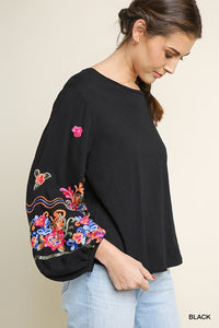 Solid Long Puff Sleeve Top with Embroidered Detail