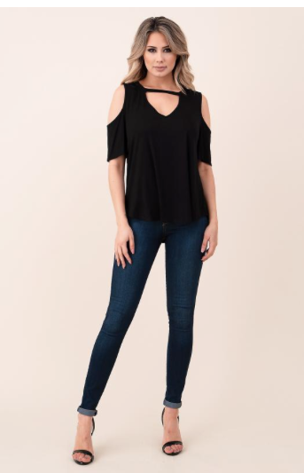 Cold Shoulder Short Sleeve Black Top