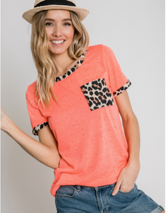 Coral Top with Animal Print Detail