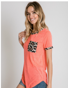 Coral Top with Animal Print Detail