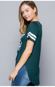 Varsity Striped Sleeve Graphic Print Top