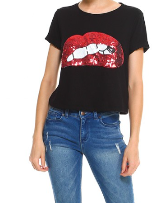 Short Sleeve Sequin Lip Black Top