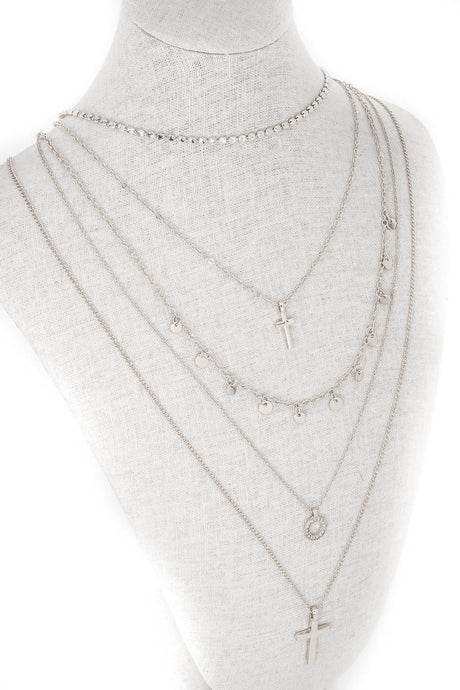 Layered Cross Choker Necklace Silver